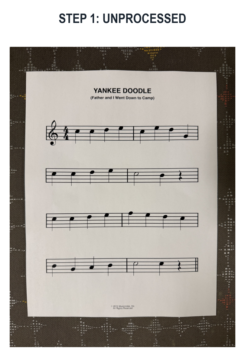 step one, the unprocessed phone photo of sheet music